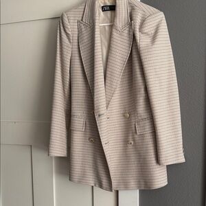 Zara Tan Checkered Double-Breasted Blazer